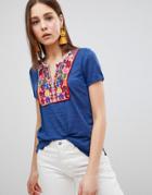 Brave Soul Bianca Top With Embroidered Placket - Blue
