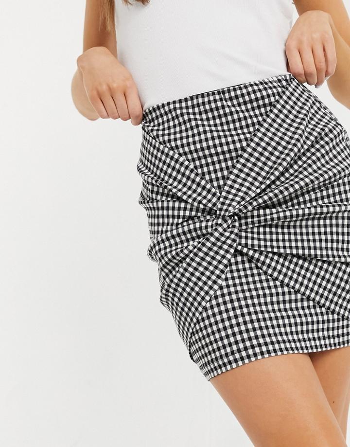 Asos Design Bengaline Mini Skirt With Twist Detail In Gingham Check Print-multi