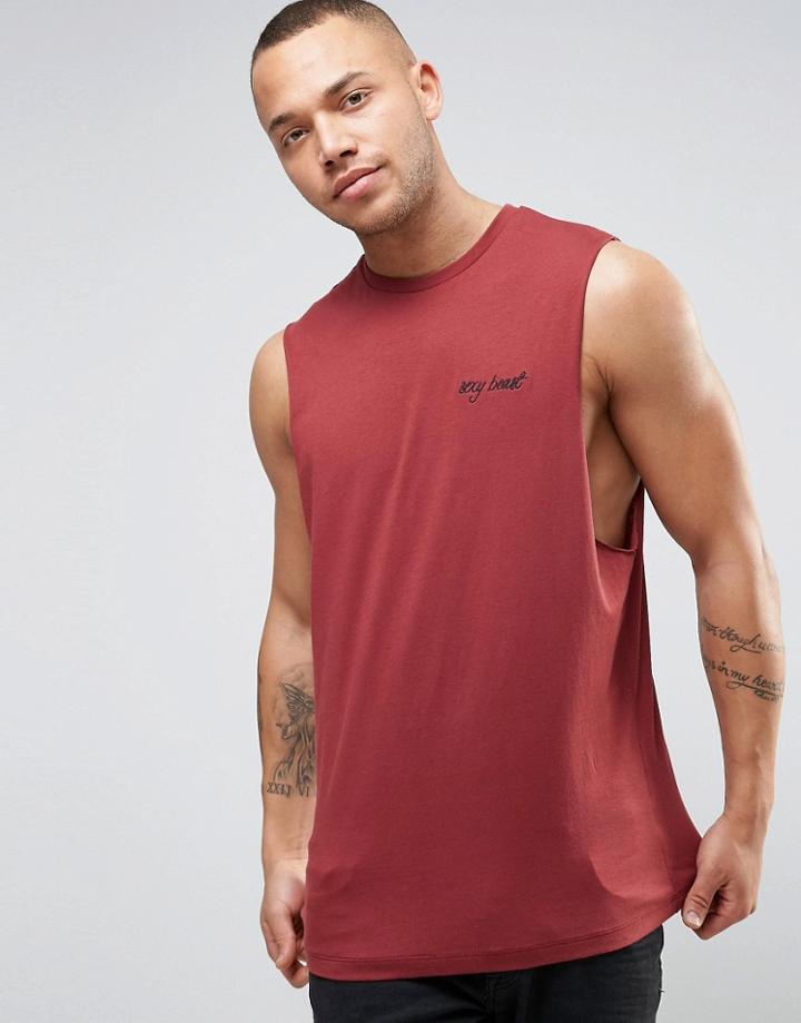 Asos Sleeveless T-shirt With Sexy Beast Embroidery And Dropped Armhole - Red