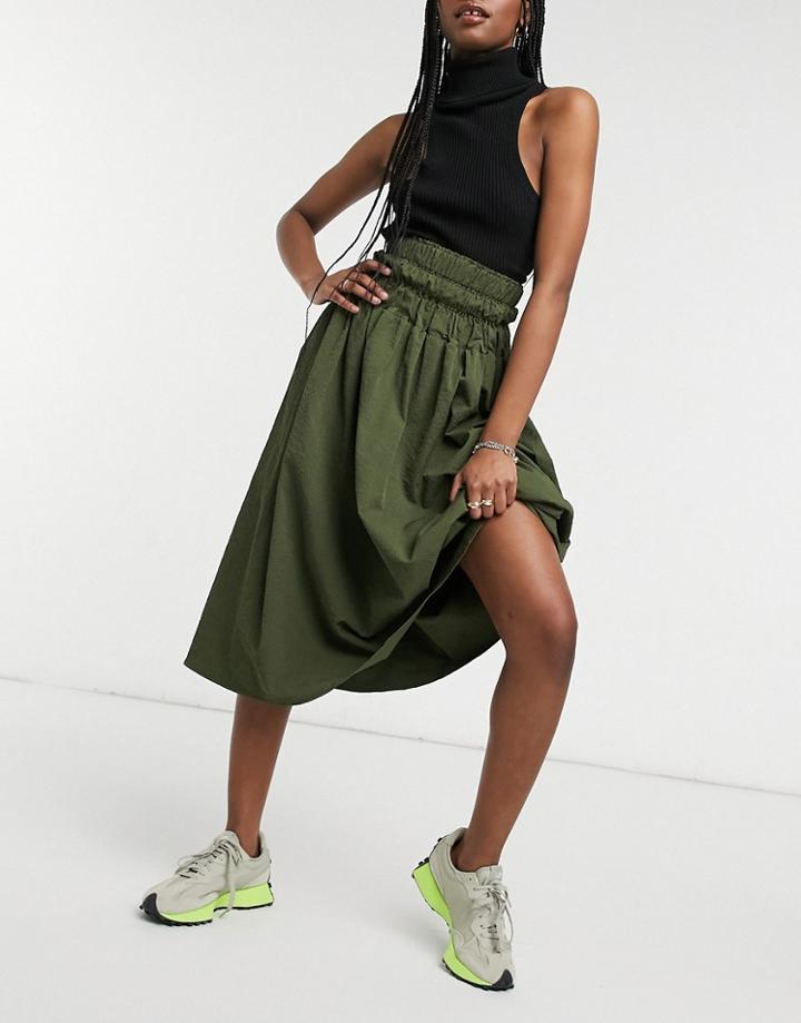 Ghospell Midi Skirt With Cinched Waist In Khaki-green