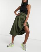Ghospell Midi Skirt With Cinched Waist In Khaki-green