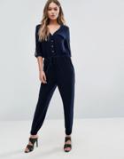 Lipsy Relaxed Jumpsuit With Gold Button Detail - Navy