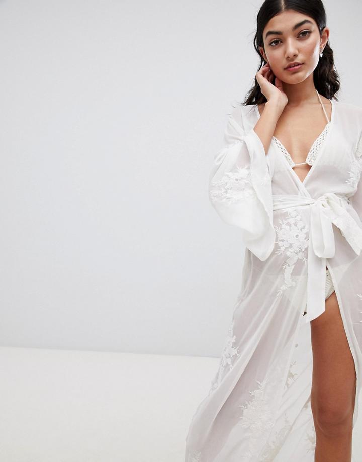 Asos Design Bridal Embroidered Maxi Beach Kimono - White