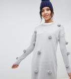 Brave Soul Tall Sweater Dress With Tinsel Pom Poms - Gray