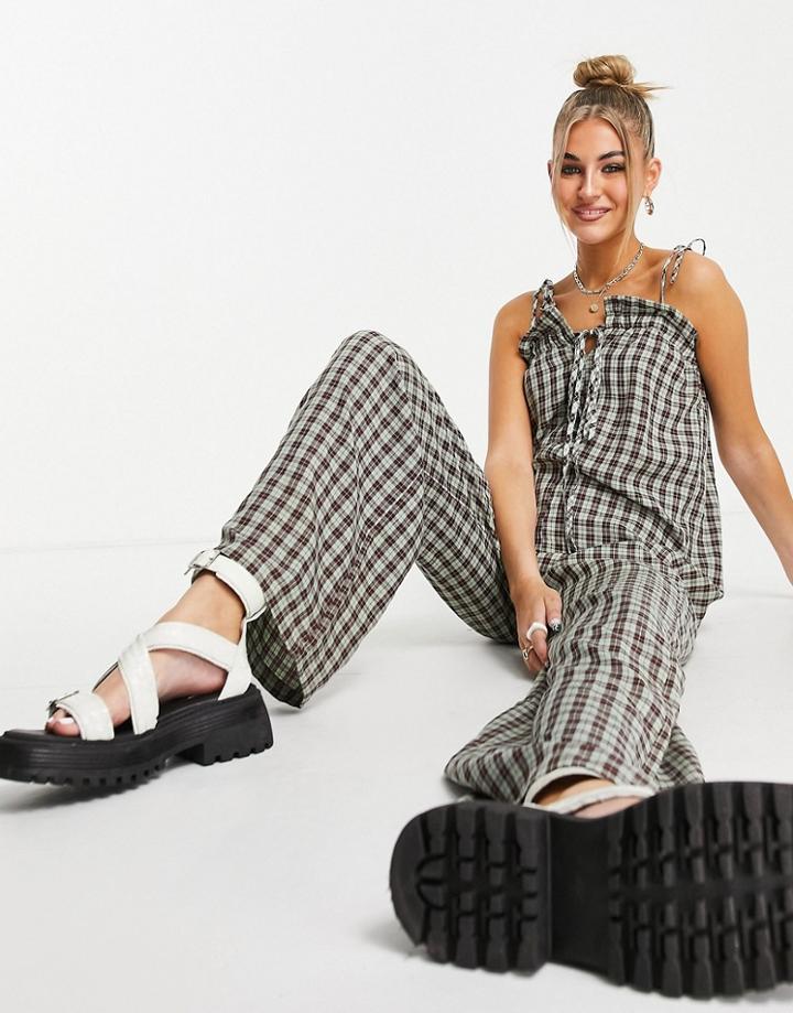 Daisy Street Relaxed Jumpsuit In Grunge Check Print With Tie Front And Straps-multi