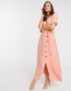 Y.a.s Maxi Dress With Button Through And Tie Waist In Coral-pink