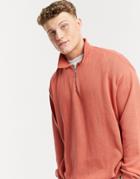 Asos Design Knitted Midweight Zip Polo Sweater In Apricot-orange