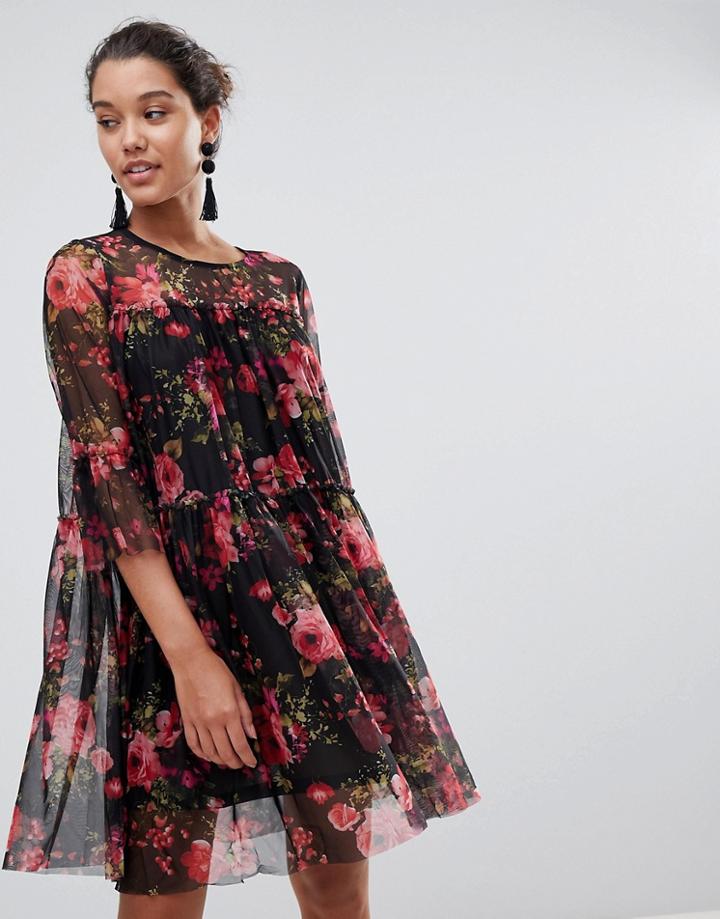 Qed London Floral Printed Mesh Dress - Black
