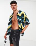Only & Sons Oversized Revere Short Sleeve Shirt In Zigzag Print-green