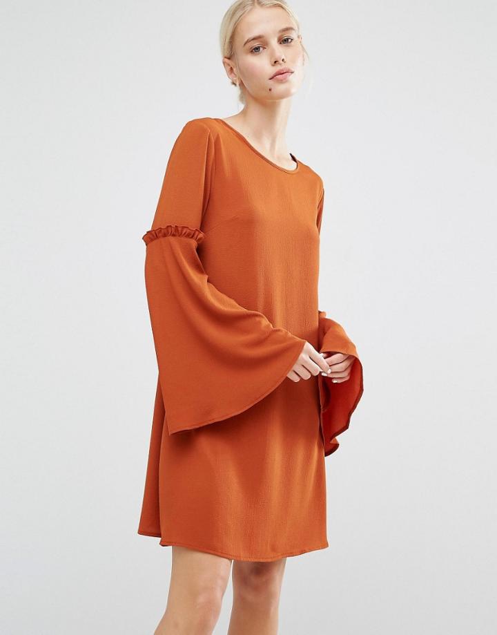 Lost Ink Lost Ink Swing Dress With Bell Sleeves & Ruffles - Red