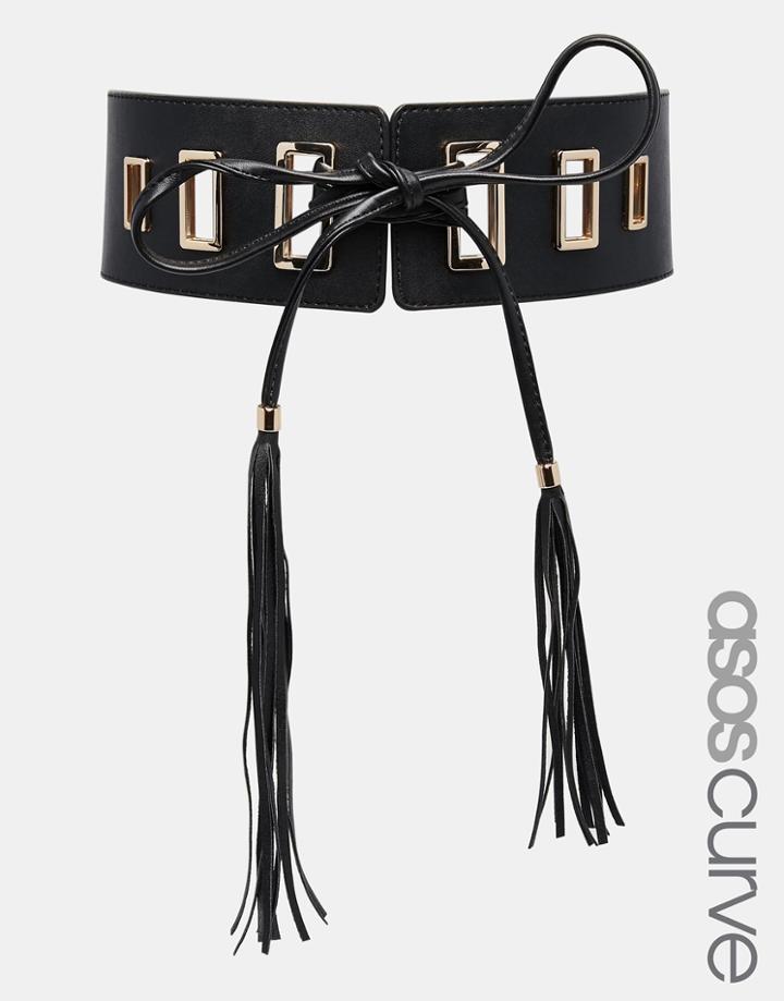Asos Curve Waist Belt With Tassel Tie Detail And Square Eyelets - Black