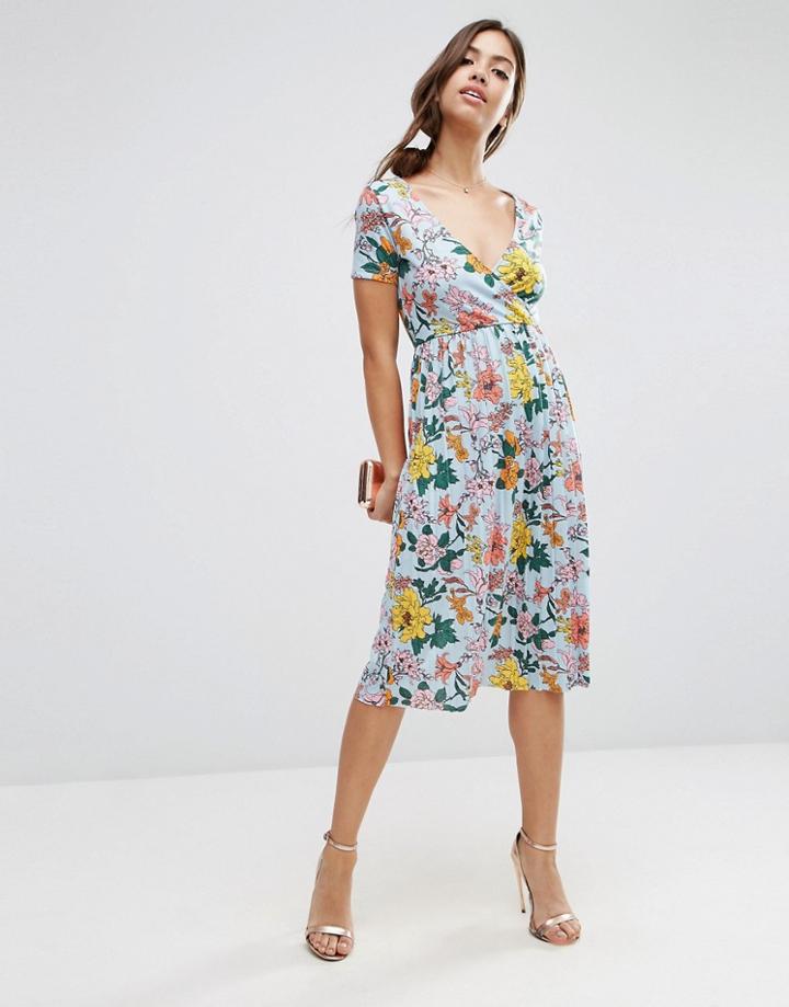 Asos Midi Dress With Pleats In Floral Print - Mutli