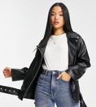 Asos Design Petite Leather Look Oversized Moto Jacket In Black