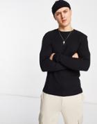 Asos Design Muscle Fit Long Sleeve Waffle T-shirt In Black