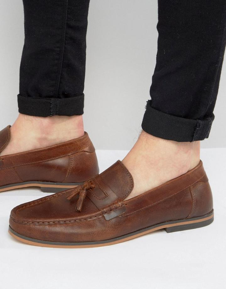 Asos Loafers In Brown Leather With Tassel - Brown