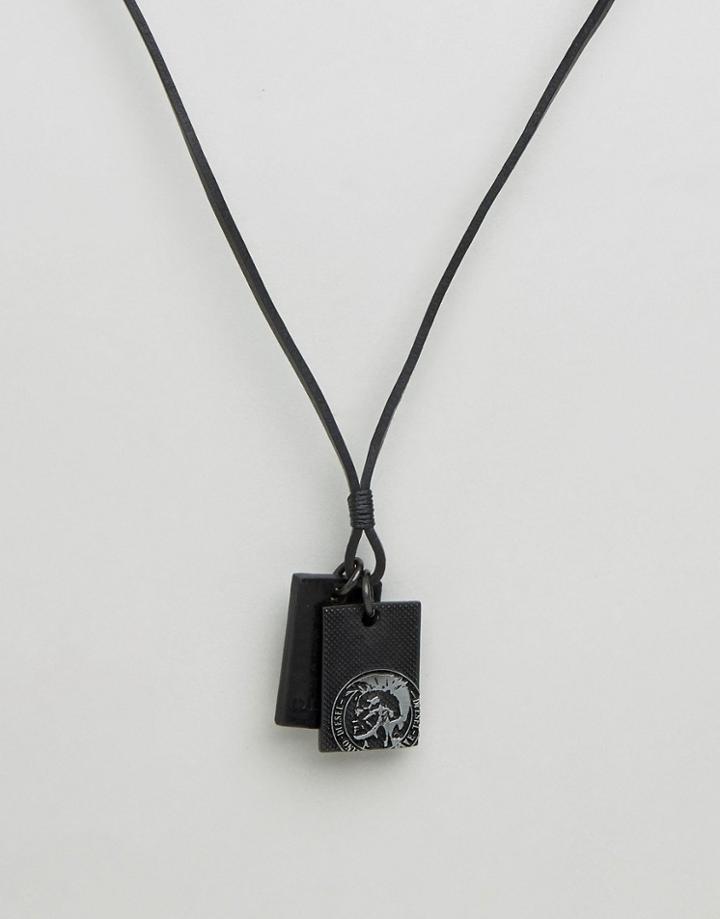 Diesel A-neck Sunrise Up Leather Dogtag Necklace - Black
