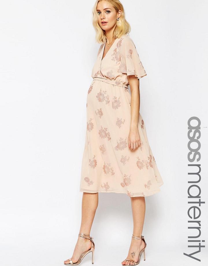 Asos Maternity Flutter Sleeve Midi Dress With Pretty Lurex Floral - Multi