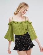 Traffic People Bardot Top With Frill Detail - Green