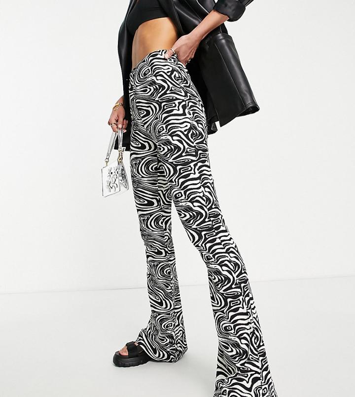 Topshop Tall Crinkle Flared Pants In Swirl Print-white