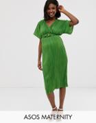Asos Design Maternity Midi Plisse Tea Dress With Resin Buckle - Green