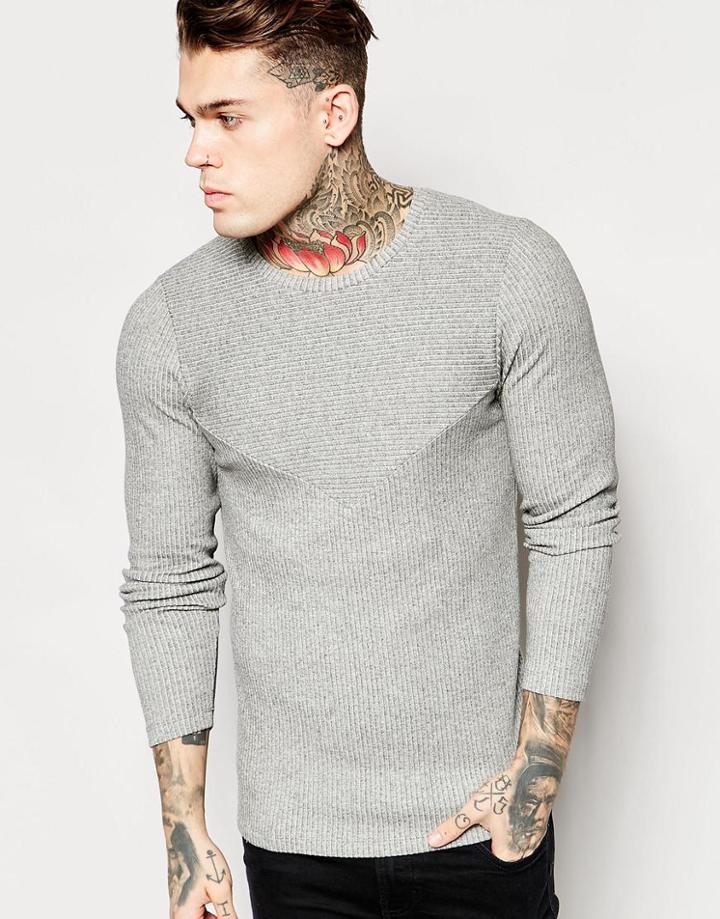 Asos Muscle Longline Long Sleeve T-shirt With Cut & Sew Panels - Gray