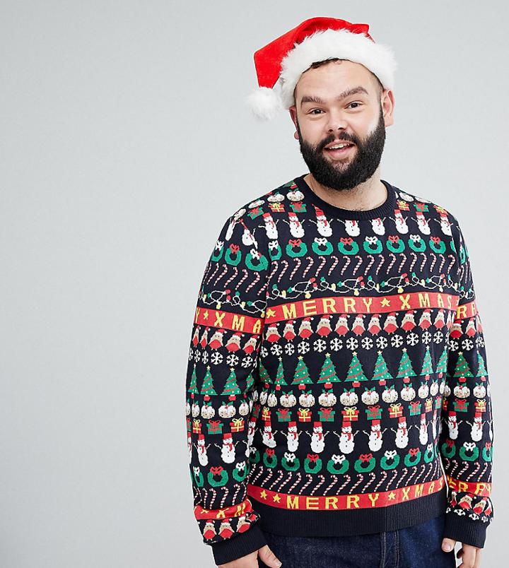 Asos Plus Holidays Sweater With All Over Design In Navy - Multi
