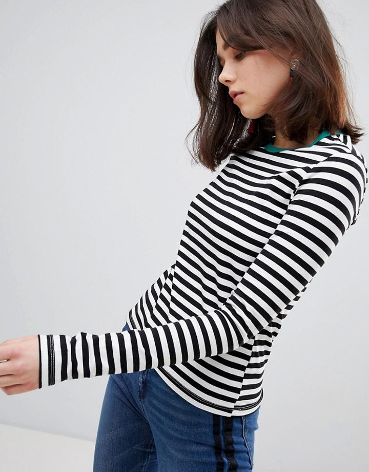 Stradivarius Contrast Neck Stripe Long Sleeve Tee - Black