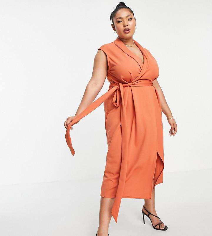 Asos Design Curve Collar Shirt Wrap Skate Midi Dress In Rust-neutral