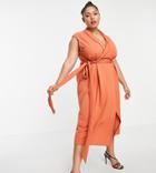 Asos Design Curve Collar Shirt Wrap Skate Midi Dress In Rust-neutral