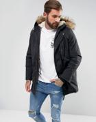 New Look Parka With Fur Lined Hood In Black - Black