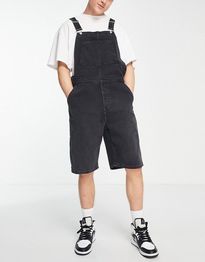 Topman Denim Shorts Overalls In Washed Black