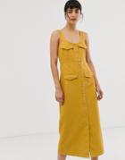 Asos Design Denim Button Down Midi Dress In Mustard - Orange