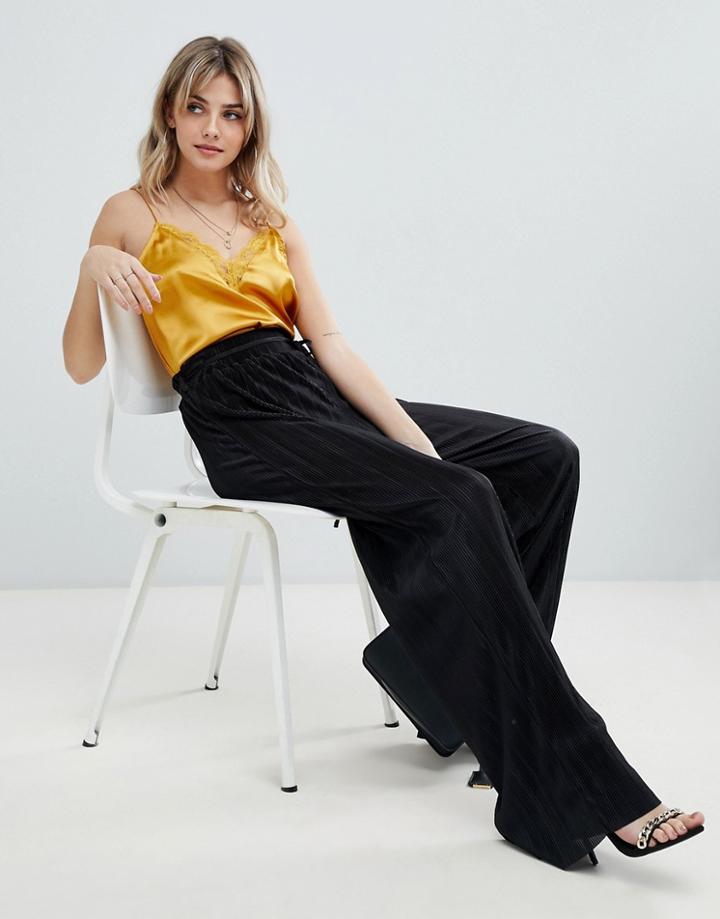 Prettylittlething Wide Leg Plisse Pants With Waist Tie In Black - Black