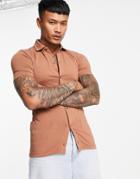 Asos Design Organic Button Through Jersey Shirt In Brown