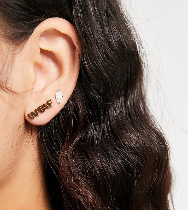 Hoops + Chains Ldn Crawler Stud Earrings With 'omfg Wtaf' Slogan In 18kt Waterproof Gold Plate