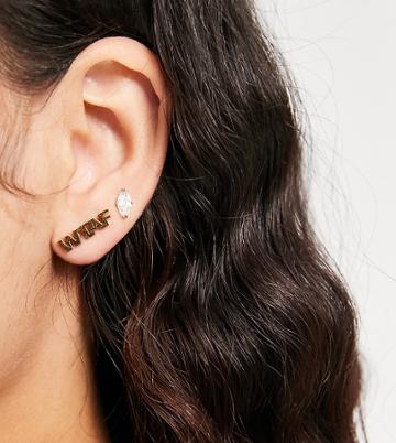 Hoops + Chains Ldn Crawler Stud Earrings With 'omfg Wtaf' Slogan In 18kt Waterproof Gold Plate