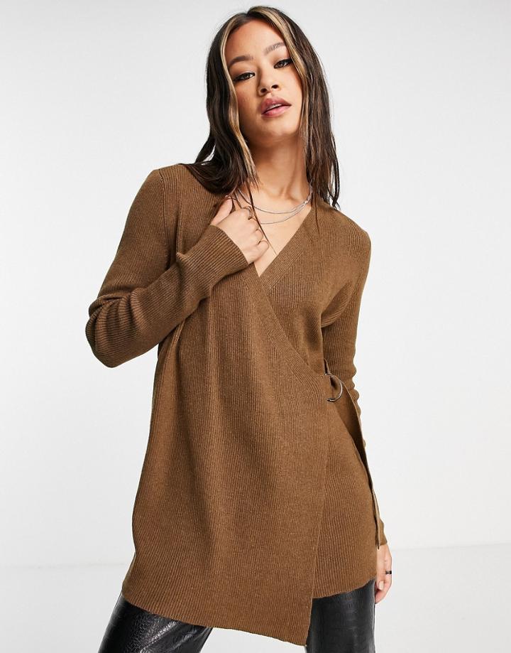 Object Wrap Cardigan With Buckle Detail In Brown