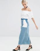 Asos Denim Reversed Slim Midi Skirt In Mid Wash Blue - Blue