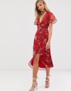 Hope & Ivy Floral Button Front Midi Dress-red