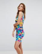 Asos Bow Side Cut Out Mini Sundress In Bright Abstract Print - Multi
