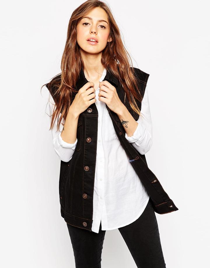 Asos Denim Girlfriend Vest In Black With Contrast Stitch - Black