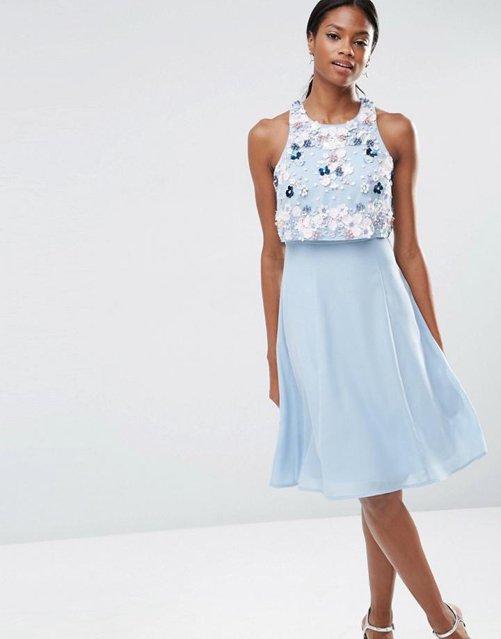 Asos Multi Cluster 3d Floral Crop Top Midi Dress - Ice Blue