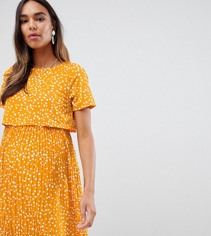Asos Design Maternity Nursing Double Layer Mini Skater Dress With Pleated Skirt In Polka Dot - Multi