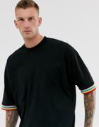 Asos Design Oversized T-shirt With Half Sleeve With Rainbow Tipping In Black - Black