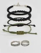 Asos Woven Bracelet Pack And Burnished Rings - Black