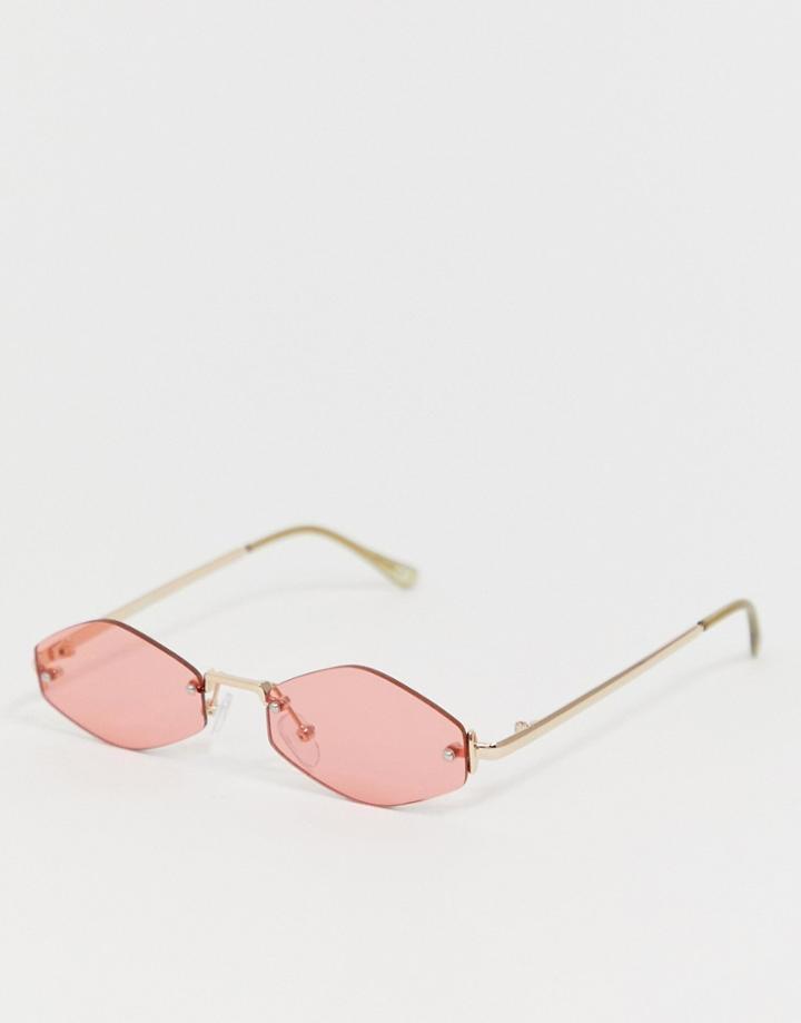 Asos Design Rimless Angled Sunglasses In Gold With Pink Lens - Gold