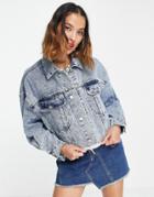 Urban Revivo Acid Wash Denim Jacket With Raw Hem Edge In Light Blue-blues