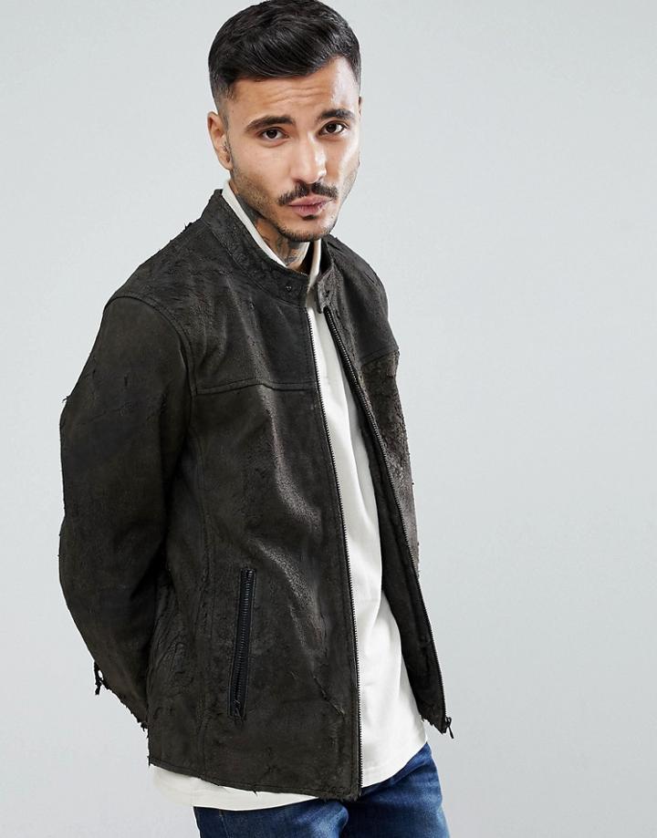 Goosecraft Austin Distressed Leather Jacket In Gray - Brown