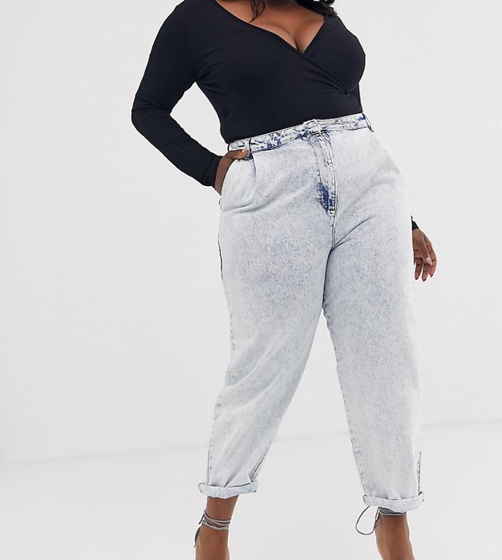 Asos Design Curve Tapered Boyfriend Jeans With Curved Seams Detail In Bleach Acid Wash-blue