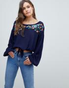 Qed London Embroiderred Top With Tie Detail - Navy